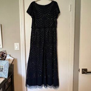 Adrianna Papell Short Sleeve Beaded Blouson Gown In Navy